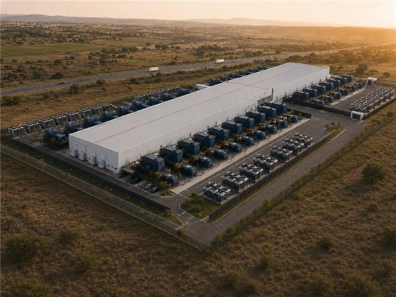 Vista aérea do campus da TERRANOVA em Querétaro, com o prédio principal, os equipamentos de refrigeração e a área externa