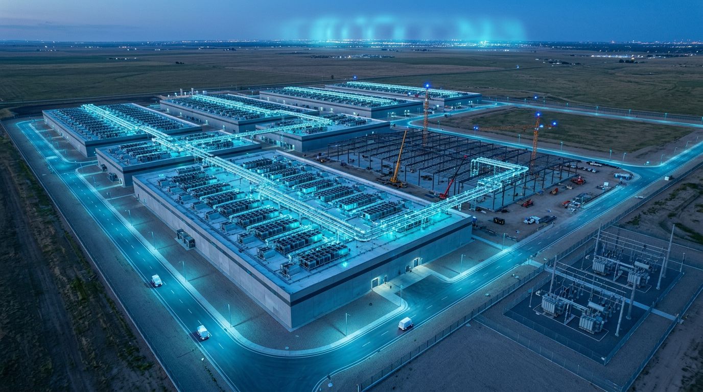 Vista aérea de um campus de data centers em expansão, ao anoitecer