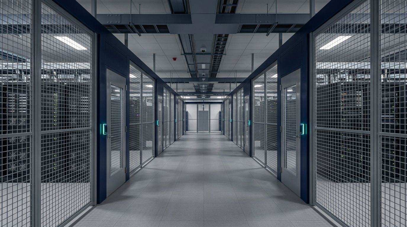 Corredor de colocation com gaiolas e salas privativas dos clientes
