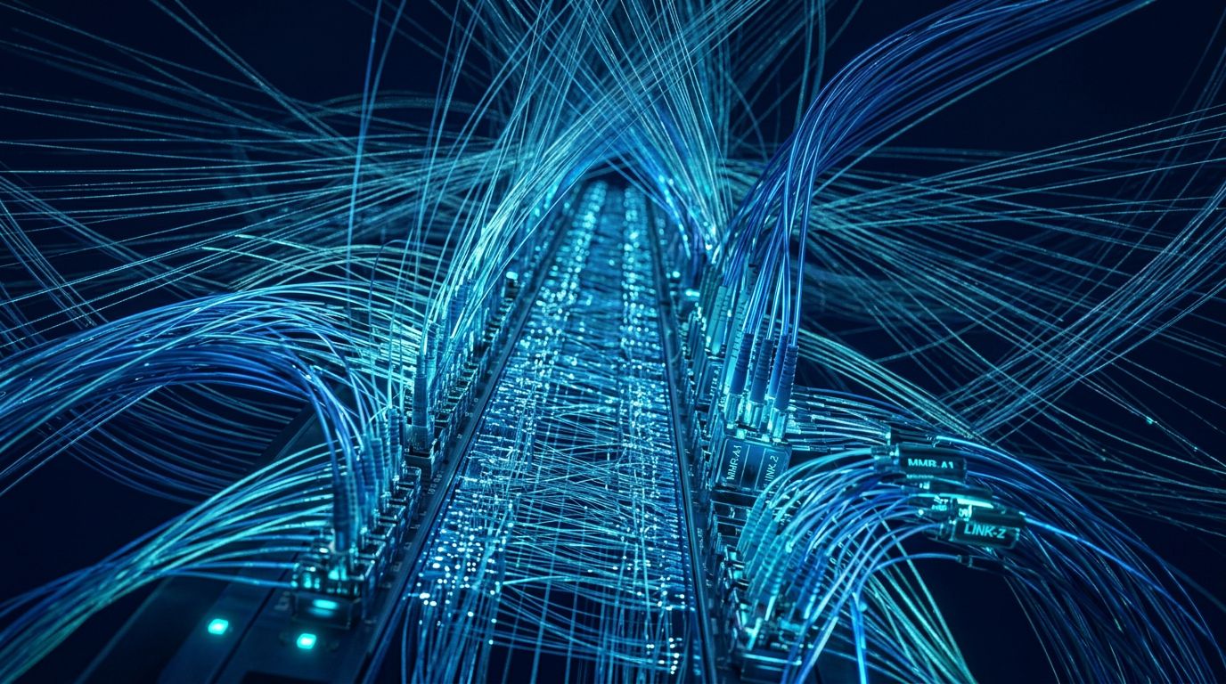 Feixes de fibra óptica conectados aos distribuidores de um data center