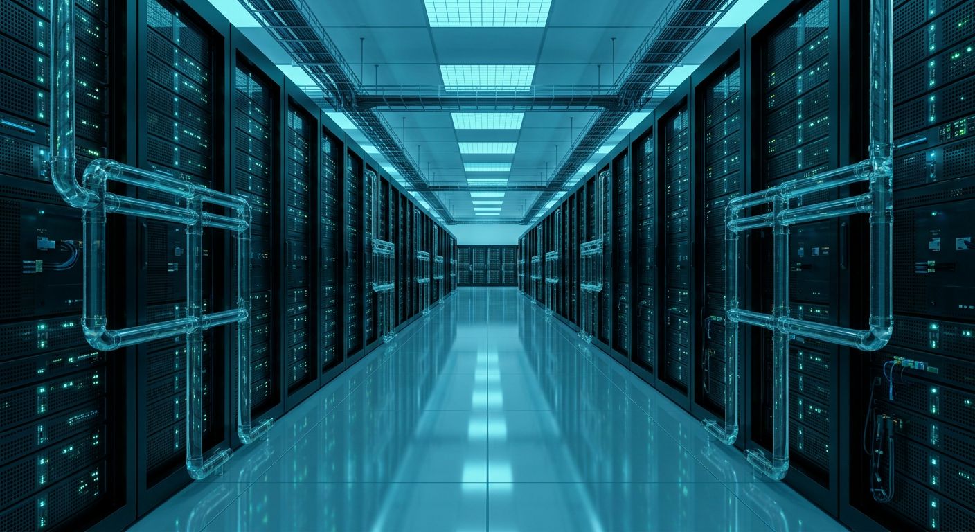 Corredor de data center com racks de alta densidade e tubulação de liquid cooling